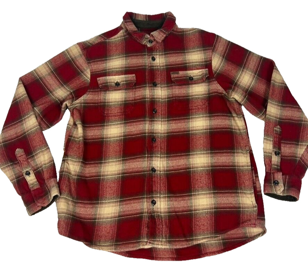 Orvis Shirt Jacket Mens L Heavy Flannel Shacket Hand Pockets Red Plaid Button